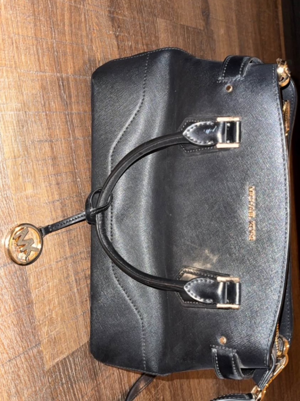 Michael Kors Black Leather Satchel with Gold Charm